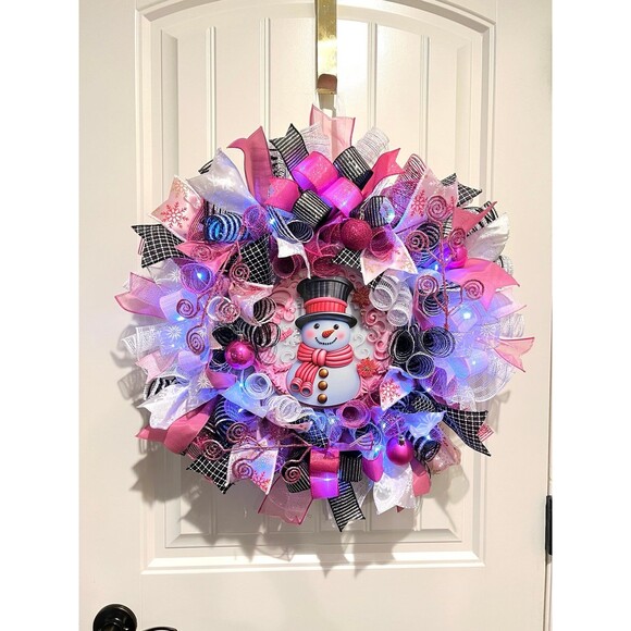 Handmade Bright Top Hat Snowman Holiday Ribbon Door Wreath 22 ins W68 Pink Black - Picture 12 of 12